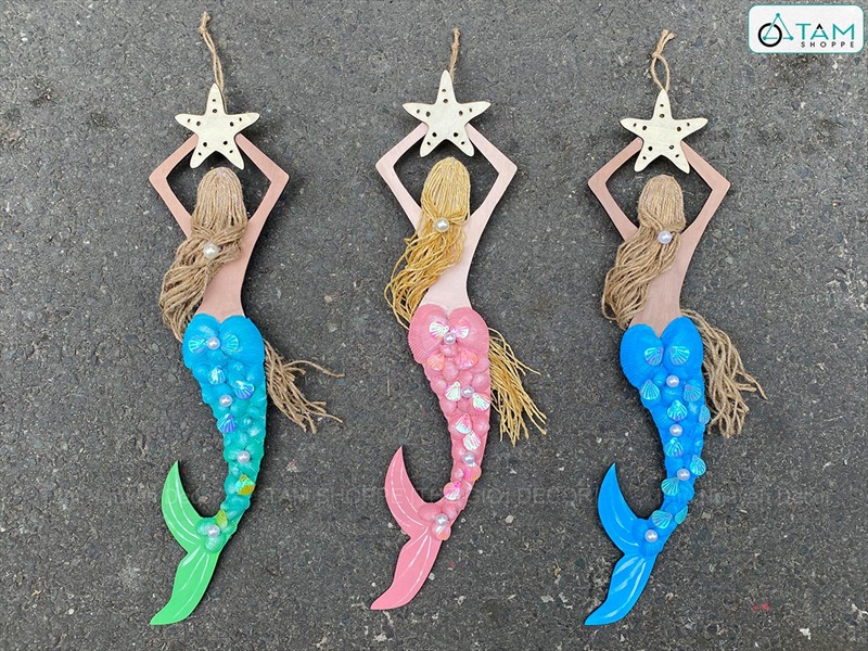 Mô hình Nàng tiên cá Handmade vỏ sò ốc [Bằng gỗ - 3 màu] KT53x14cm MOHINH-PCB-02